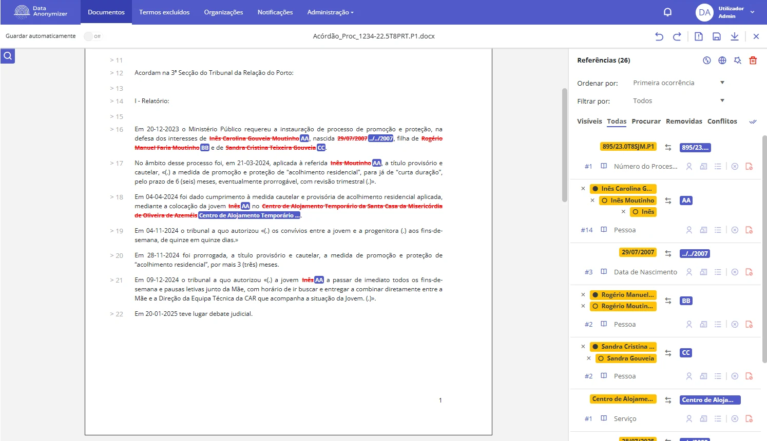 Editor da Data Anonymizer com um acórdão de demonstração: texto original riscado, substituições e painel de referências